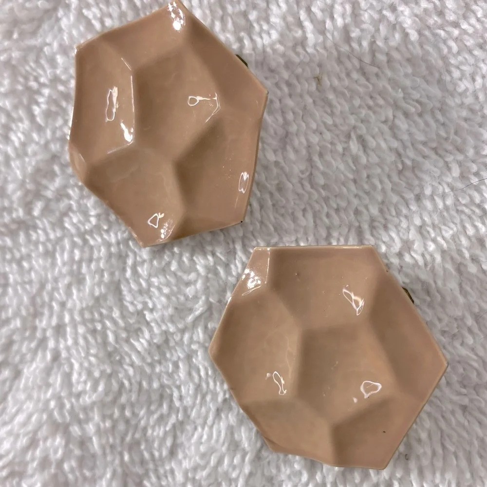 Vintage Nude Painted Textured Metal Hexagon Clip On Earrings